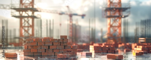 Construction Industry: Emphasis on showing stock charts displayed as candlesticks that show price fluctuations. Place several stacks of bricks in the foreground.