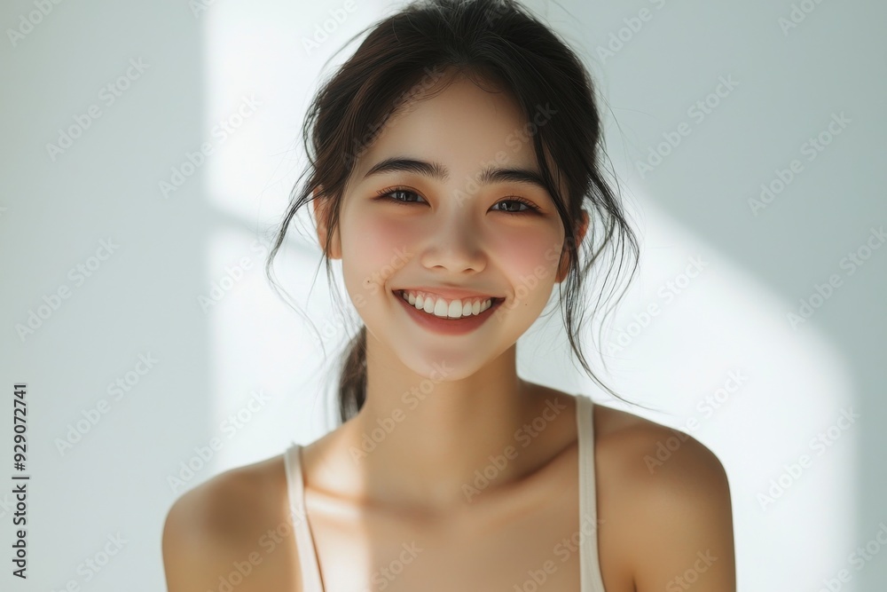 Beautiful young Asian woman smiling and happy created with Generative AI Beautiful young Asian woman smiling and happy created with Generative AI