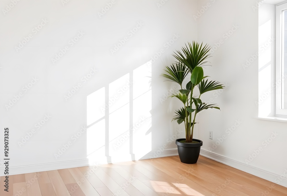 A potted palm plant in a minimalist interior setting with a plain white wall and wooden floor A potted palm plant in a minimalist interior setting with a plain white wall and wooden floor