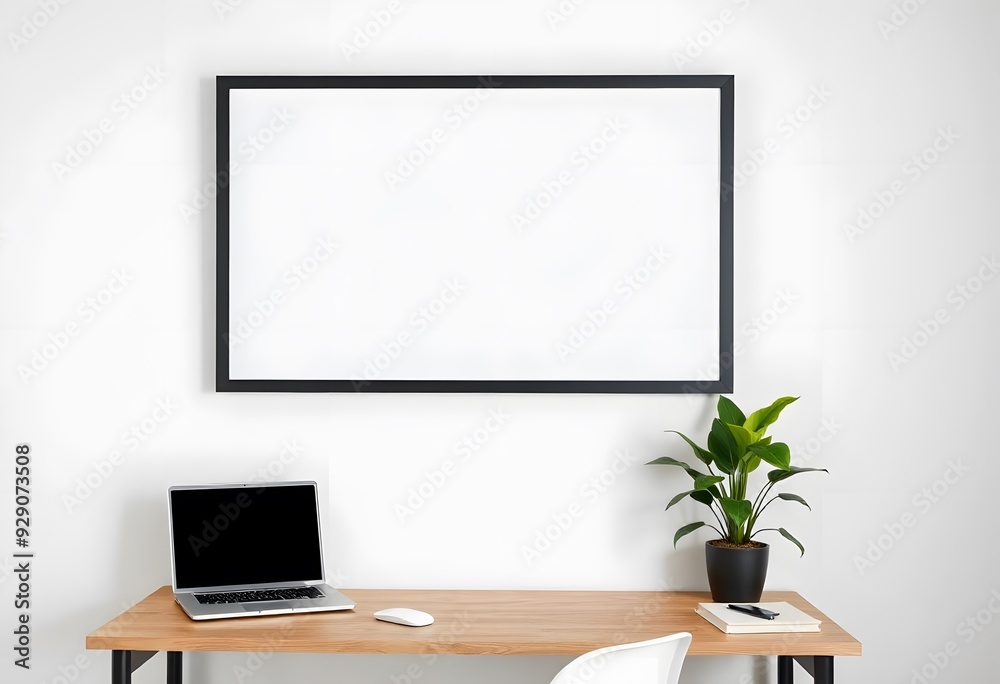 A blank black picture frame on the wall wooden desk with a laptop, a potted plant, and a A blank black picture frame on the wall wooden desk with a laptop, a potted plant, and a