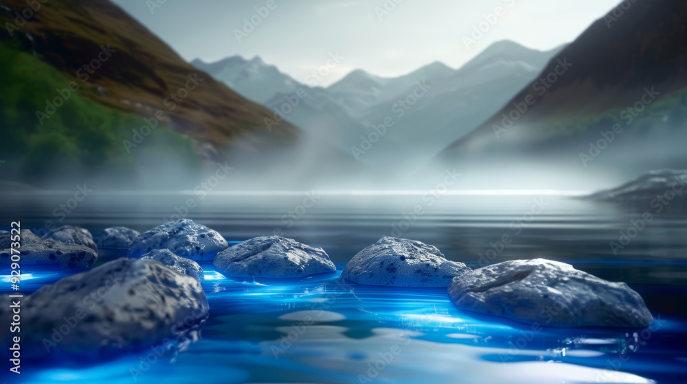 Naklejka premium Calm waters ripple around glowing rocks with mountains shrouded in mist in the background
