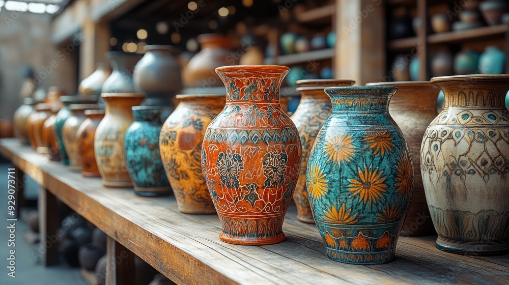 Handcrafted Artisanal Pottery and Ceramics Displayed on a Rustic Table Handcrafted Artisanal Pottery and Ceramics Displayed on a Rustic Table