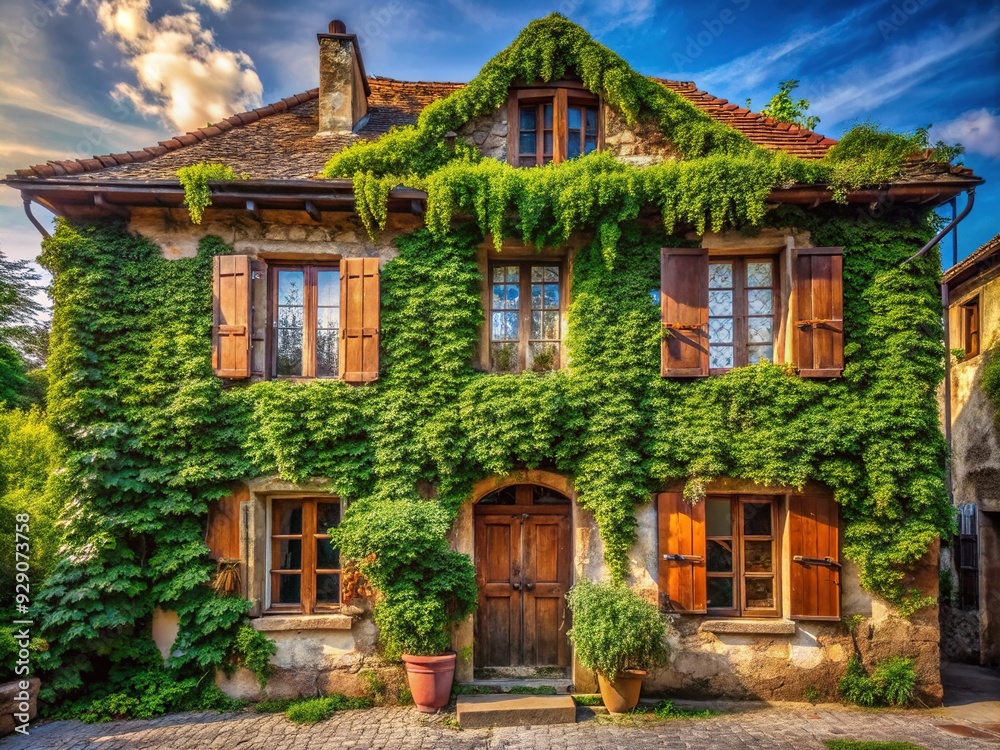 Rustic, neglected facade of a centuries-old home, smothered by lush, verdant grape vines, exuding a whimsical, romantic charm, evoking a sense of forgotten history. Rustic, neglected facade of a centuries-old home, smothered by lush, verdant grape vines, exuding a whimsical, romantic charm, evoking a sense of forgotten history.