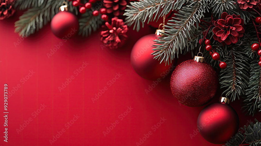 Fir branches and Christmas balls on a bright red background, perfect for holiday greetings. Fir branches and Christmas balls on a bright red background, perfect for holiday greetings.