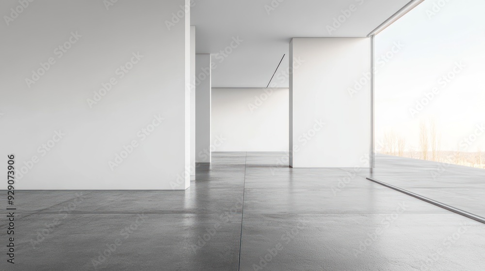 Minimalist Interior Design with a Large Window and Gray Tile Floor Minimalist Interior Design with a Large Window and Gray Tile Floor