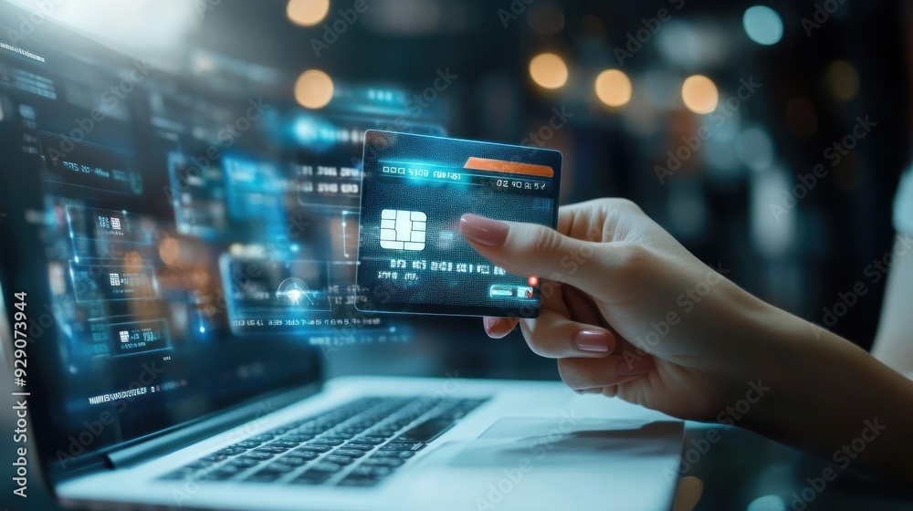 Close-up of a Hand Holding a Credit Card Over a Laptop Close-up of a Hand Holding a Credit Card Over a Laptop