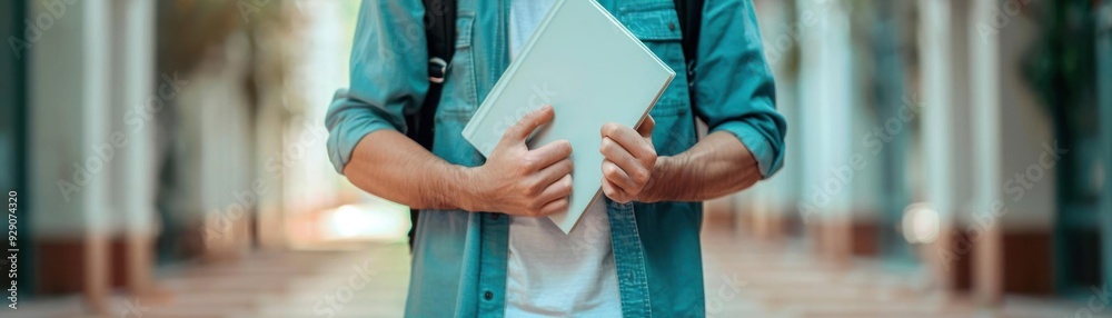 Student holding books and walking across campus, cheerful comeback, back to school concept, editorial shot, empty space for text on side