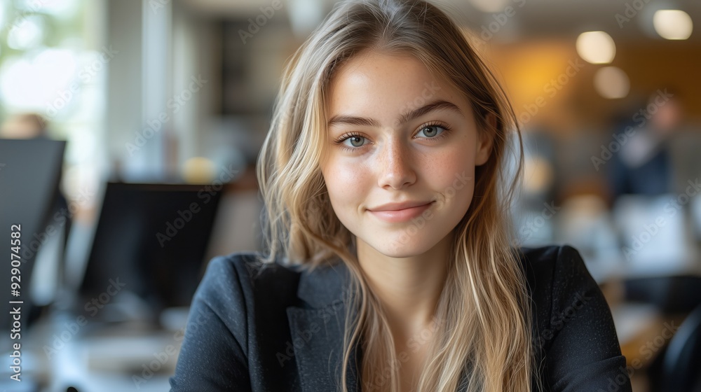 A young woman with long hair smiles while sitting at a table in a modern office environment filled with computers. A young woman with long hair smiles while sitting at a table in a modern office environment filled with computers.