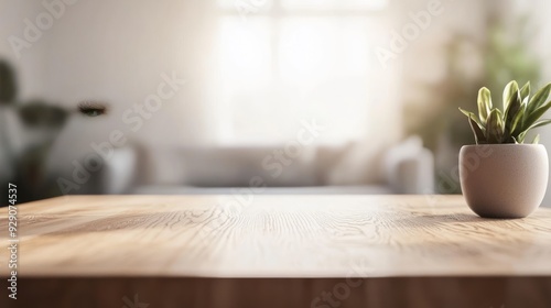 Wallpaper Mural Wooden Tabletop with a Plant and Blurred Background Torontodigital.ca