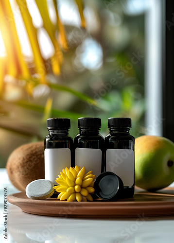 one Vitamin supplement with black lids and white bottle stickers in the middle, The background is lifestyle scense,noni fruit ,bright tone
 photo