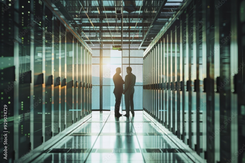 Two business professionals conversing in a data center, backlit by sunlight streaming through large windows, encapsulating modern industry. Two business professionals conversing in a data center, backlit by sunlight streaming through large windows, encapsulating modern industry.