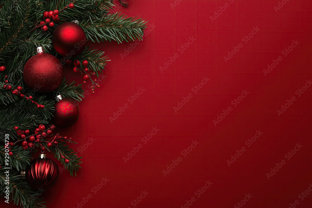 Christmas composition with green fir branches and red balls on a bright red background. Christmas composition with green fir branches and red balls on a bright red background.