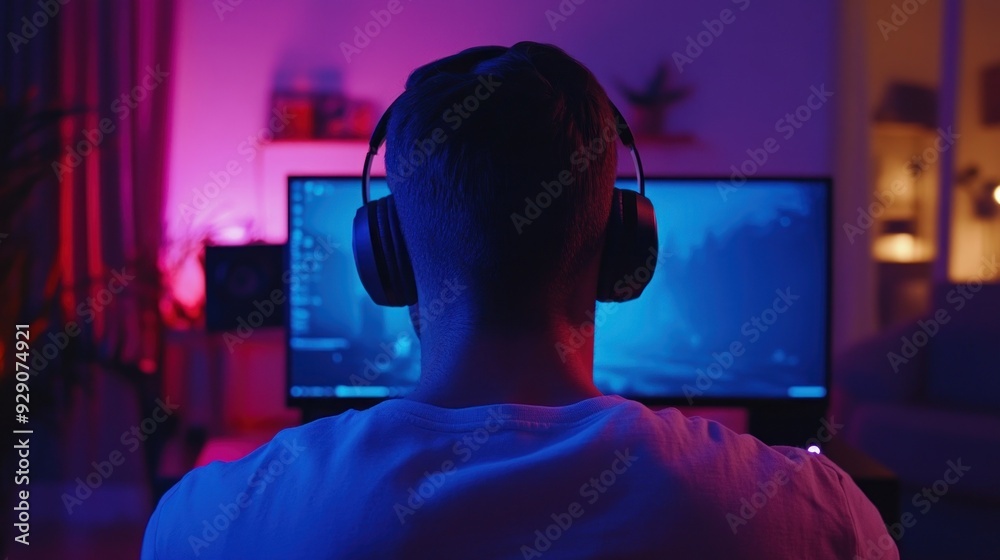Gamer Wearing Headphones and Looking at a Computer Screen Gamer Wearing Headphones and Looking at a Computer Screen