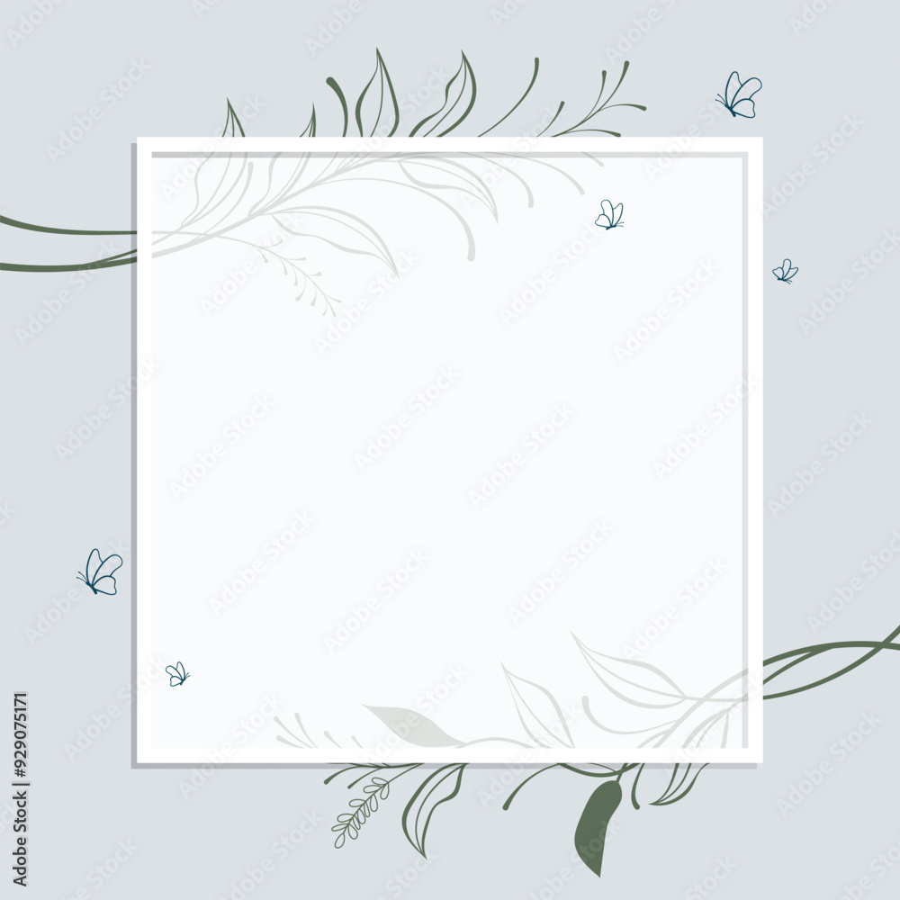 Obraz premium Vector illustration of romantic background with branches of leaves and frame for wedding invitation card
