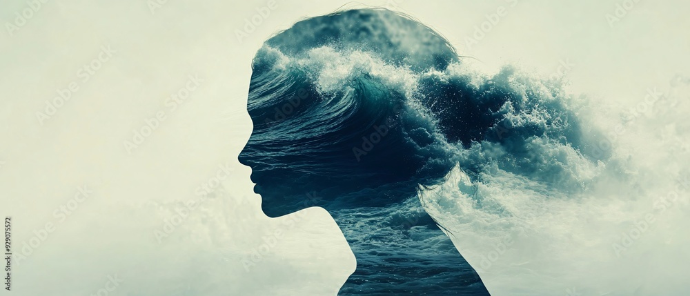 Tranquil Harmony Double Exposure of Woman with Ocean Wave, Calmness and Inner Strength Concept Tranquil Harmony Double Exposure of Woman with Ocean Wave, Calmness and Inner Strength Concept