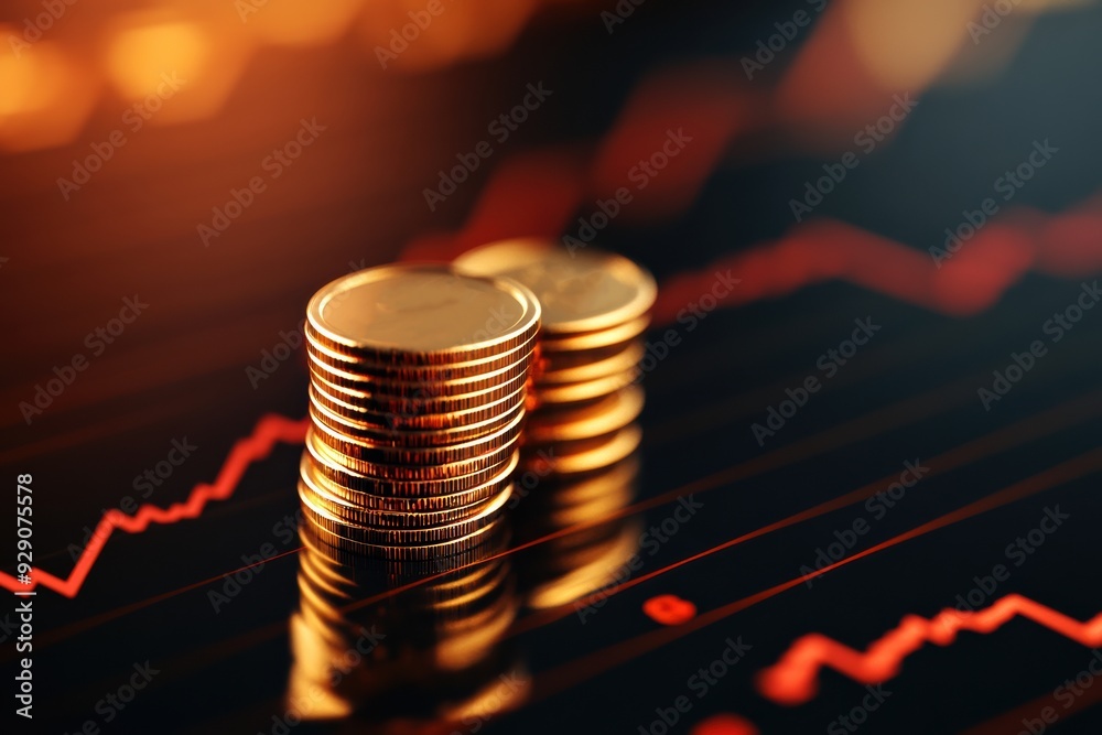 Stacks of coins on a stock market graph background. Concept of finance, investment, and economic growth. Stacks of coins on a stock market graph background. Concept of finance, investment, and economic growth.