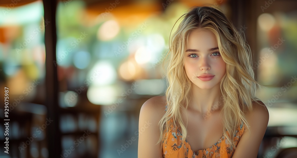 A young woman with stunning blonde wavy hair relaxes at a cafe, lost in thought while enjoying the warm sunlight. copy space A young woman with stunning blonde wavy hair relaxes at a cafe, lost in thought while enjoying the warm sunlight. copy space