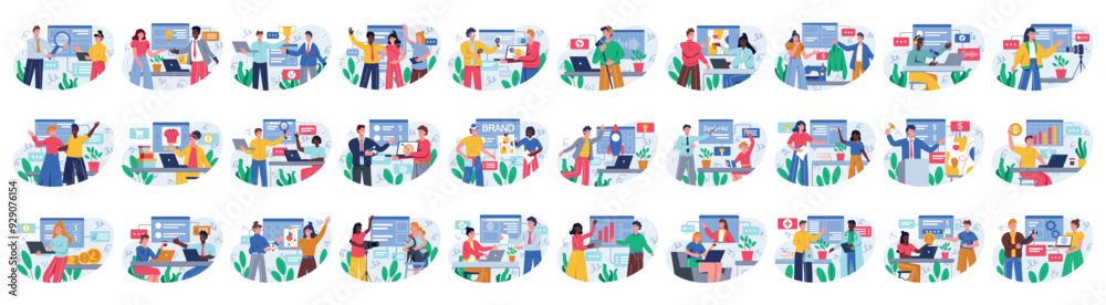 Mega set of blue window concepts with people scene in flat cartoon design. Illustrations on many different topics are depicted in this collection on a blue background. Vector illustration. Mega set of blue window concepts with people scene in flat cartoon design. Illustrations on many different topics are depicted in this collection on a blue background. Vector illustration.
