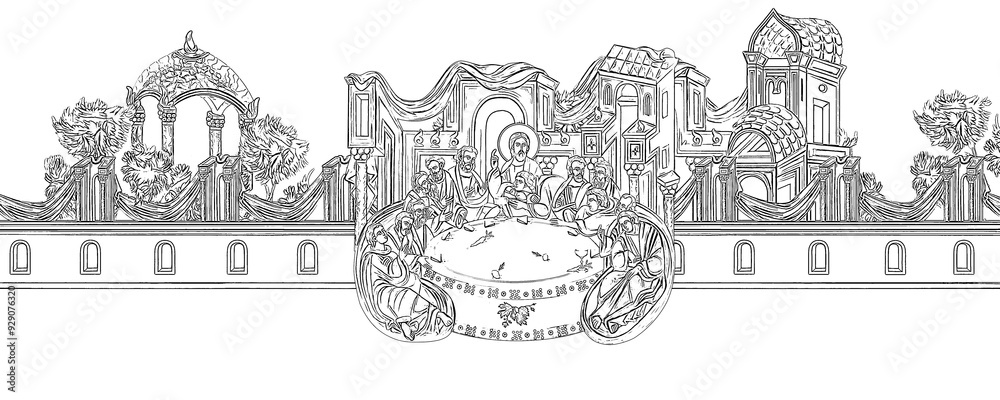 Obraz premium Holy Communion. Coloring Christian page in Byzantine style