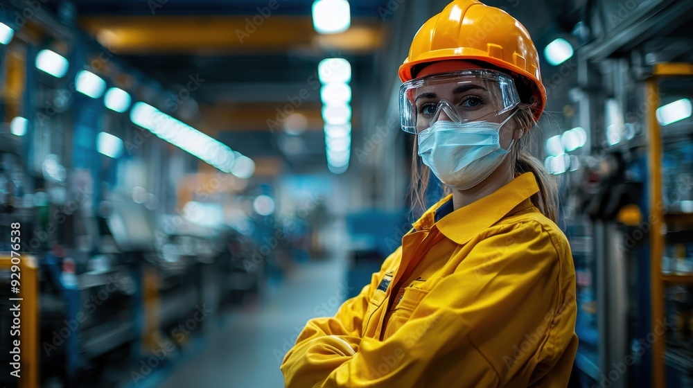 Ensuring Safety in the Workplace: Factory Worker in Protective Gear Monitoring Assembly Line with Copy Space for Text Ensuring Safety in the Workplace: Factory Worker in Protective Gear Monitoring Assembly Line with Copy Space for Text