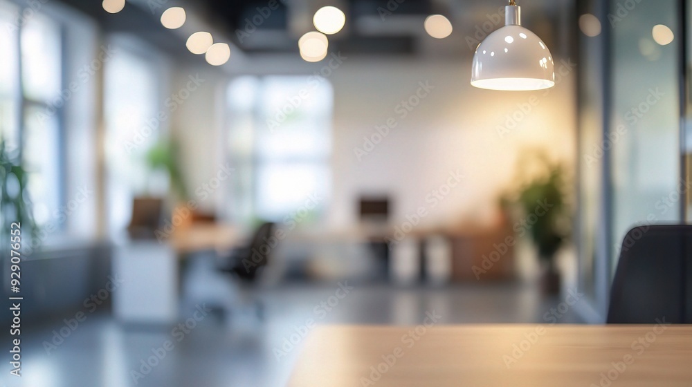 Modern Office Interior: A blurred background view of a contemporary office space, featuring desks, chairs, greenery, and a hanging light fixture. 