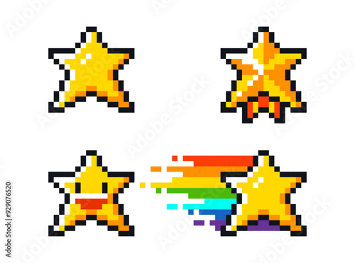 Pixel art stars set: gold medal, smiling star and star with rainbow trail for game interfaces and design