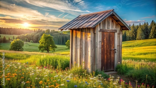 Rustic wooden outhouse with a corrugated metal roof stands amidst a lush green meadow surrounded by wildflowers on a serene rural farm landscape. photo