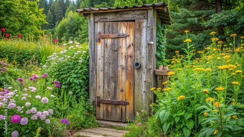 Rustic wooden outhouse door with worn metal hinges and rusty doorknob, set amidst a backdrop of lush greenery and overgrown wildflowers in a rural setting. photo