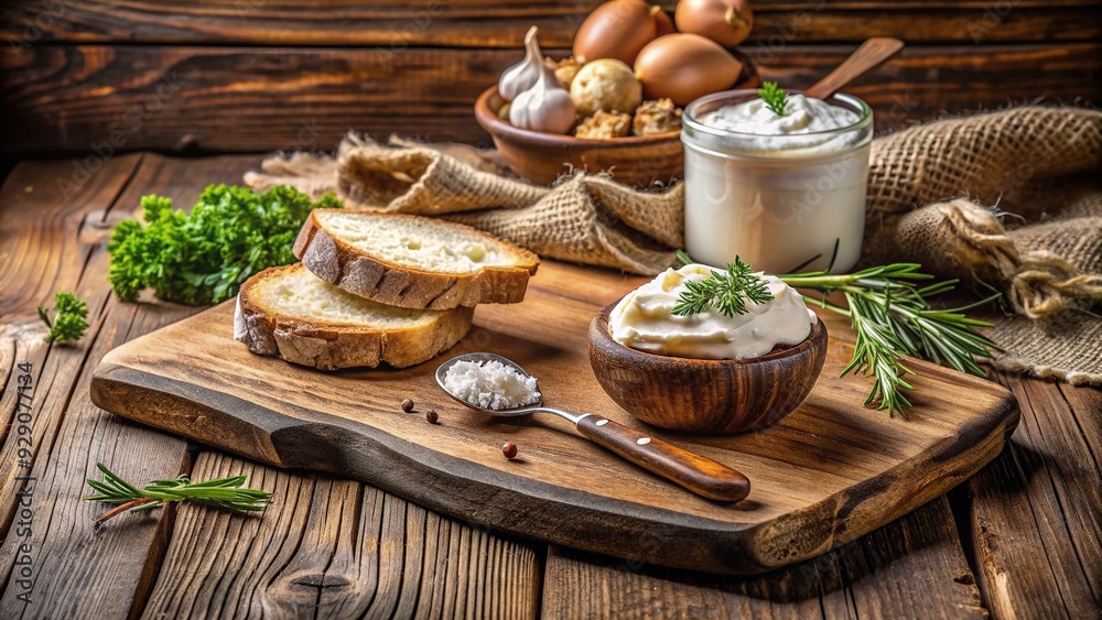 Rustic wooden plank table bears a dollop of creamy white spread, surrounded by earthy elements, evoking a cozy, natural, and inviting atmosphere. Rustic wooden plank table bears a dollop of creamy white spread, surrounded by earthy elements, evoking a cozy, natural, and inviting atmosphere.