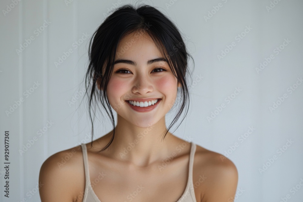 Beautiful young Asian woman smiling and happy created with Generative AI Beautiful young Asian woman smiling and happy created with Generative AI