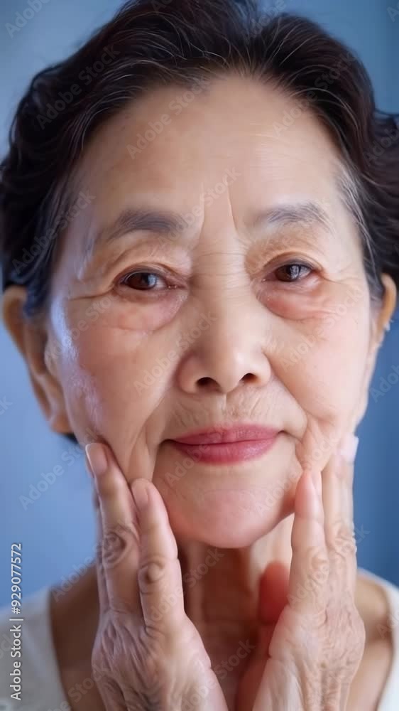 An asian senior woman touching her authentic and healthy skin. Concept of wellness and skin care. An asian senior woman touching her authentic and healthy skin. Concept of wellness and skin care.