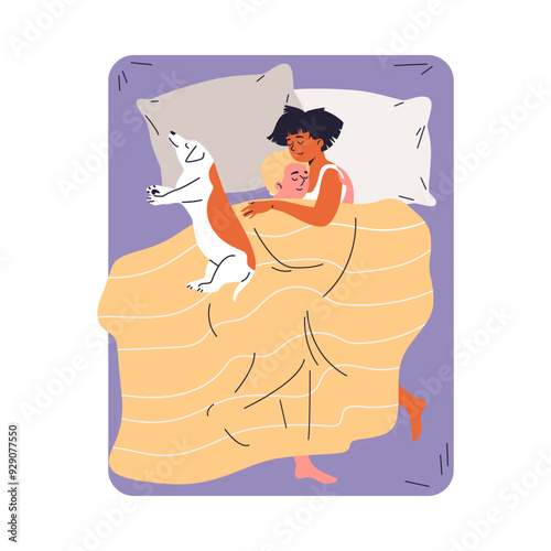 Young couple hugging under the blanket lying on the bed with pet, rest and relaxation time together with dog vector flat