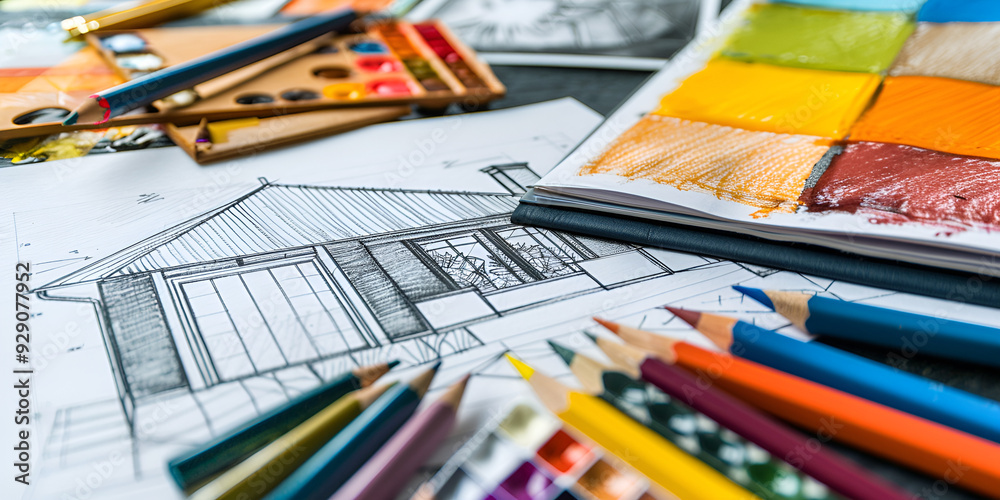Top view of architects drawing modern house with sample material, hardhat, laptop on creative table.
Top view of architects drawing modern house with sample material, hardhat, laptop on creative table.