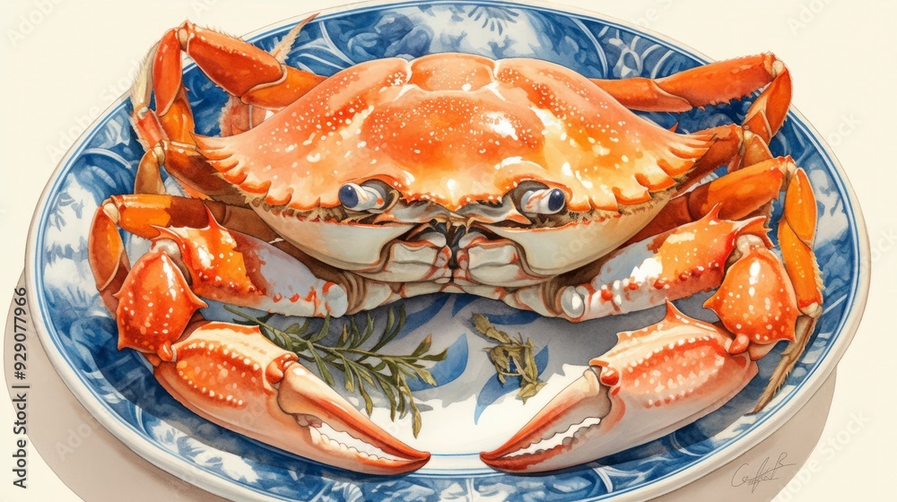 A beautifully illustrated crab on a decorative plate, showcasing culinary presentation.