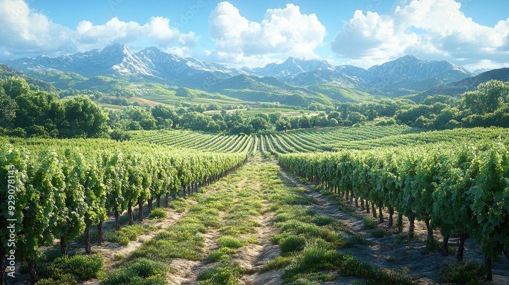 Fototapeta premium Scenic Vineyard Landscape with Rows of Grape Vines and Rolling Hills