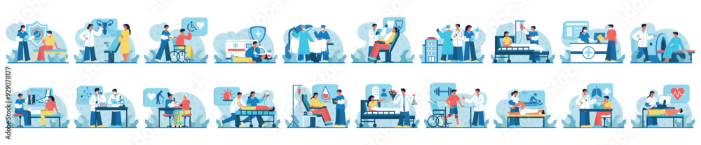 Bundle of medical situations concepts with people scene in flat cartoon design. Each scene in this collection is filled with details that convey the atmosphere and mood. Vector illustration.