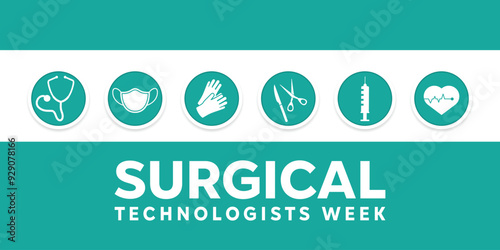 National Surgical Technologists Week. Great for cards, banners, posters, social media and more. Green background. 