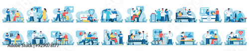 Bundle of medical situations concepts with people scene in flat cartoon design. Each scene in this collection is filled with details that convey the atmosphere and mood. Vector illustration.