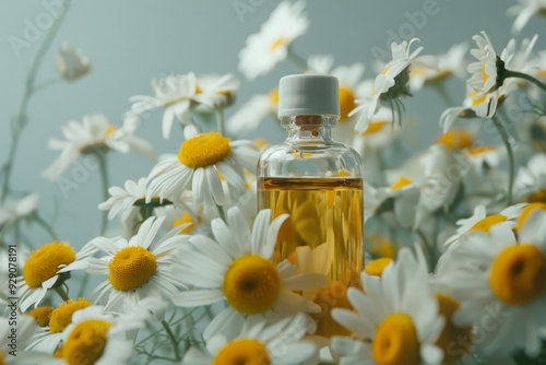 A bottle of essential oil surrounded by blooming daisies, evoking a sense of tranquility and natural wellness.