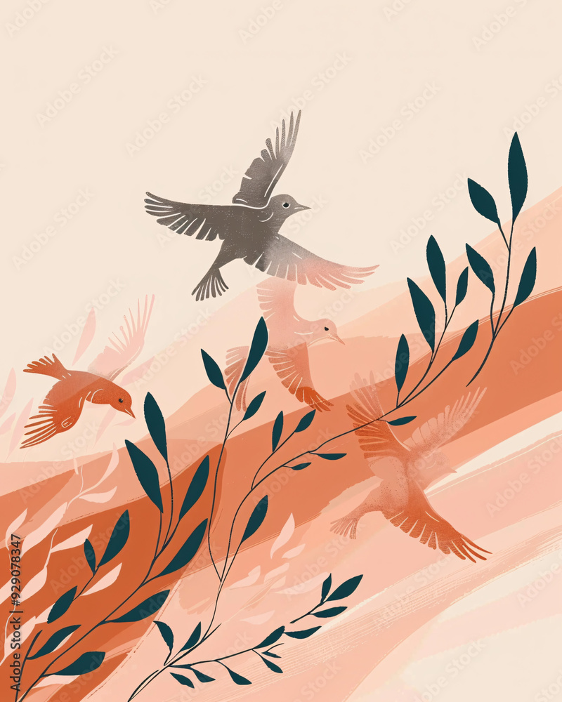 Obraz premium Beige Landscape with Birds in Flight - A group of birds flying over plants
