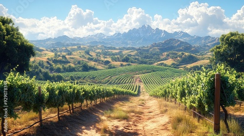 Scenic Vineyard Landscape with Rows of Grape Vines and Rolling Hills