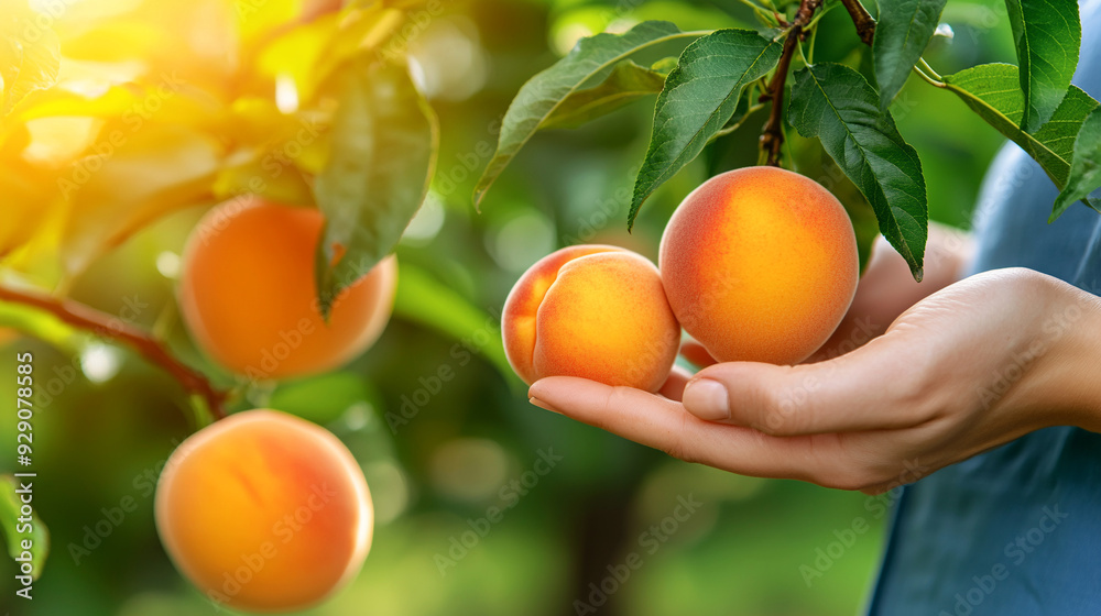 Female farmer harvests fresh organic peaches in a sunlit orchard, surrounded by vibrant green foliage. Copy space. Female farmer harvests fresh organic peaches in a sunlit orchard, surrounded by vibrant green foliage. Copy space.