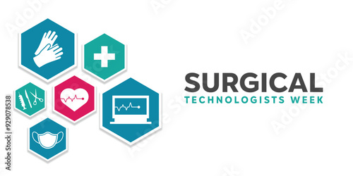 National Surgical Technologists Week. Mask, gloves, knife, scissors, syringe, plus icons, machine and heart. Great for cards, banners, posters, social media and more. White background.