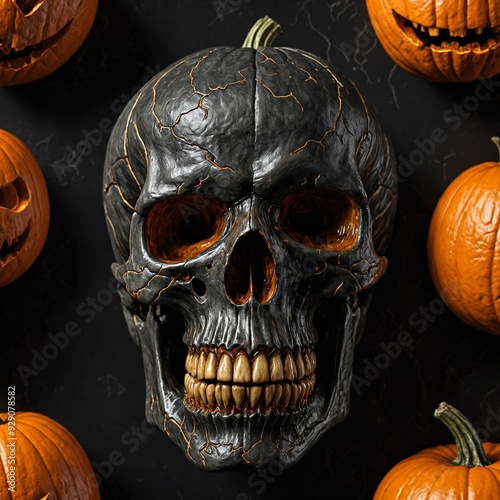 Halloween decoration,  pumpkin in the shape of a human skull, dark background, Jack o Lantern, illustration photo