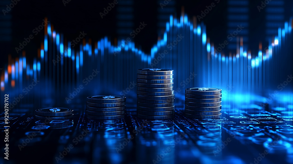 Investment Success: Climbing Stock Market Chart and Coin Accumulation.