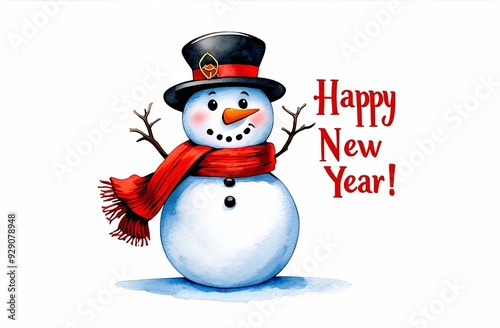 Happy New Year card with snowman. Watercolor illustration. Merry christmas card. 