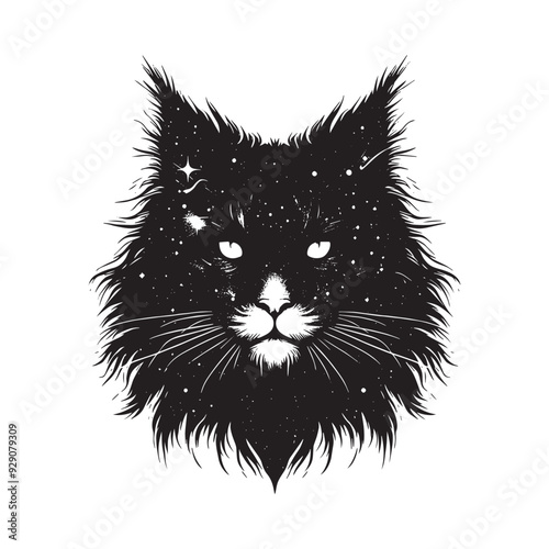 silhouette of Maine Coon cat , filled with space and sci-fi element in rough drawing, minimalist,