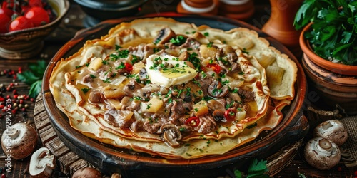 Delicious thin pancakes with butter and machanka a flavorful stew of assorted meats vegetables mushrooms and sour cream Traditional Ukrainian dish photo