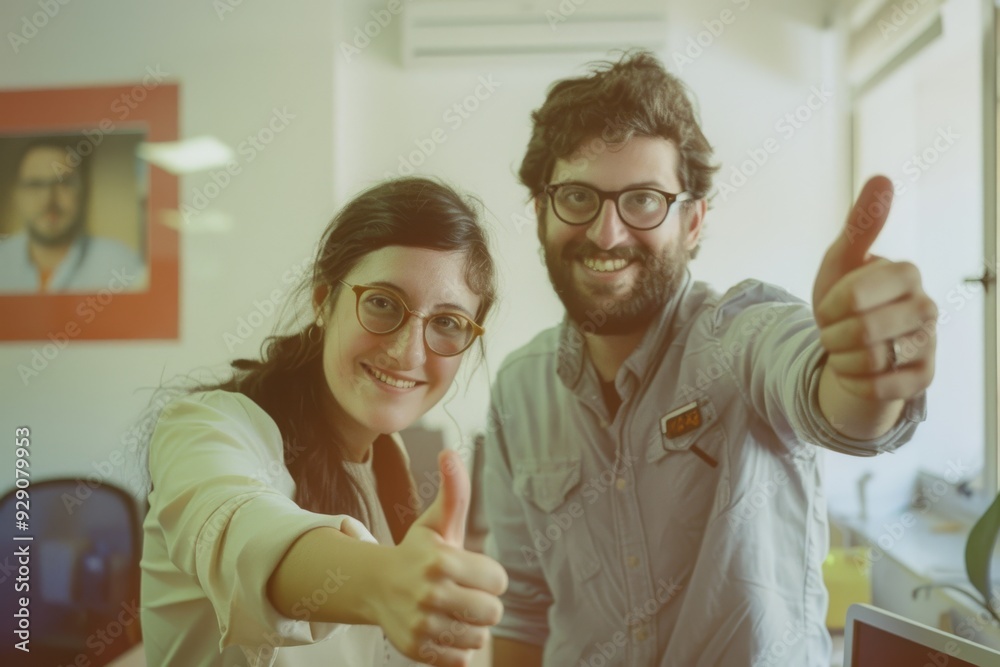 Obraz premium Two smiling colleagues in an office give a thumbs-up, reflecting positivity and teamwork.