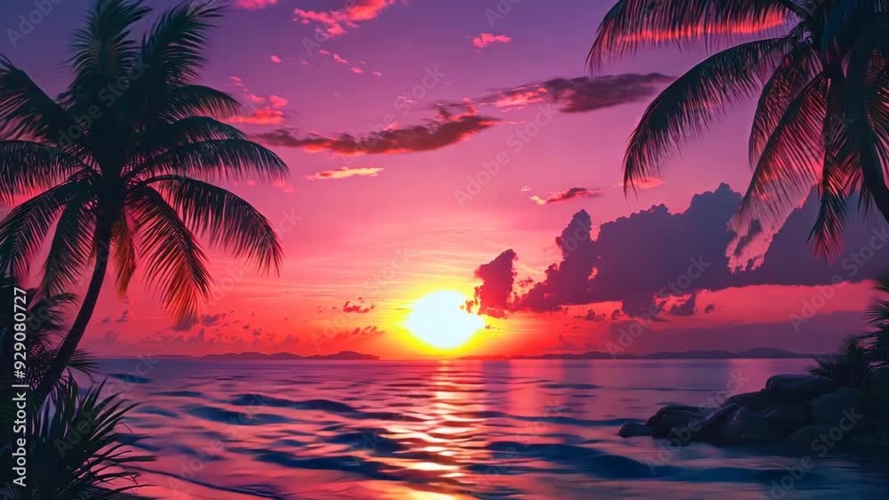 Serene Tropical Sunset Over Ocean with Palm Trees and Dramatic Clouds Serene Tropical Sunset Over Ocean with Palm Trees and Dramatic Clouds